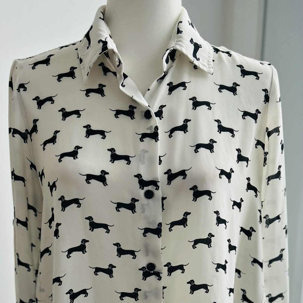 Cartise Ivory & Black Dachshund-Print Lightweight Button Front Blouse – US 4